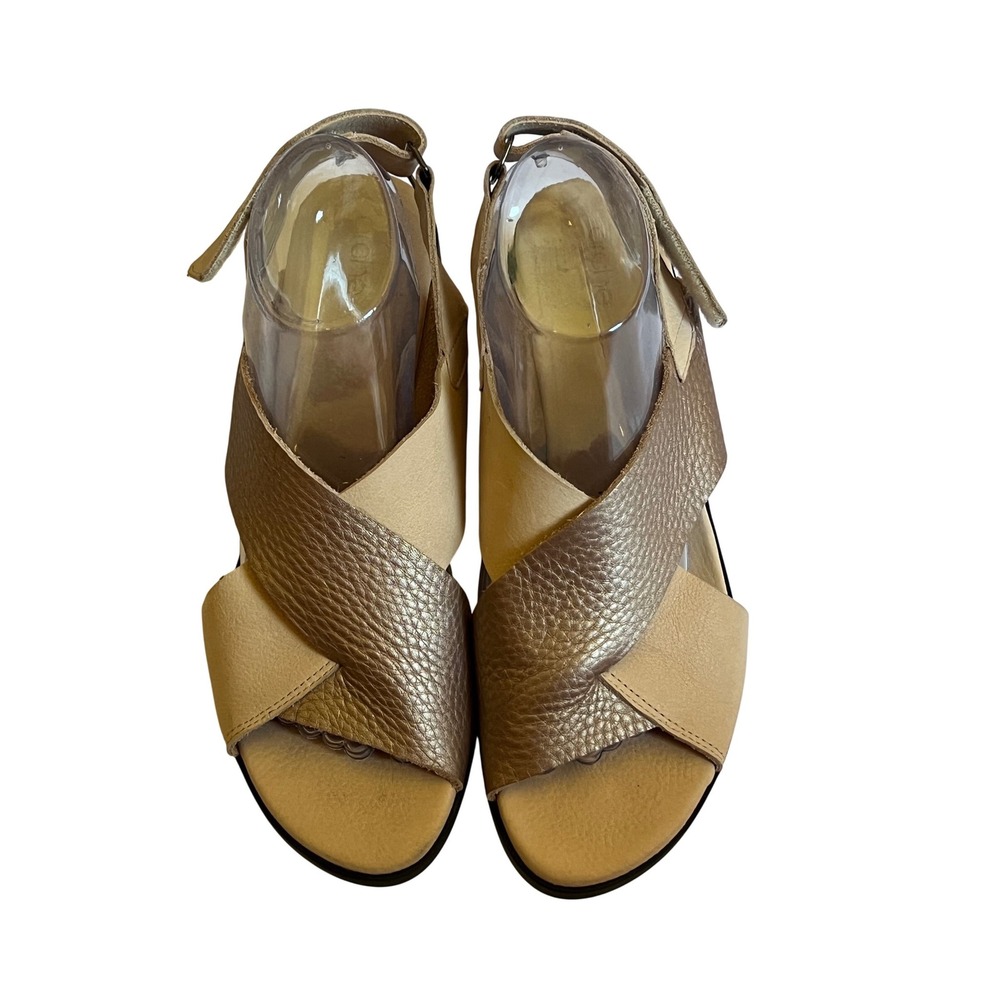 Arche Metallic Gold Leather Crossover Sandals Block Heel Slingback Size 9.5 / 41